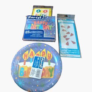 Happy Birthday Party Set 16 Plates 25 Napkins Tablecover Garland Blue Yellow Red